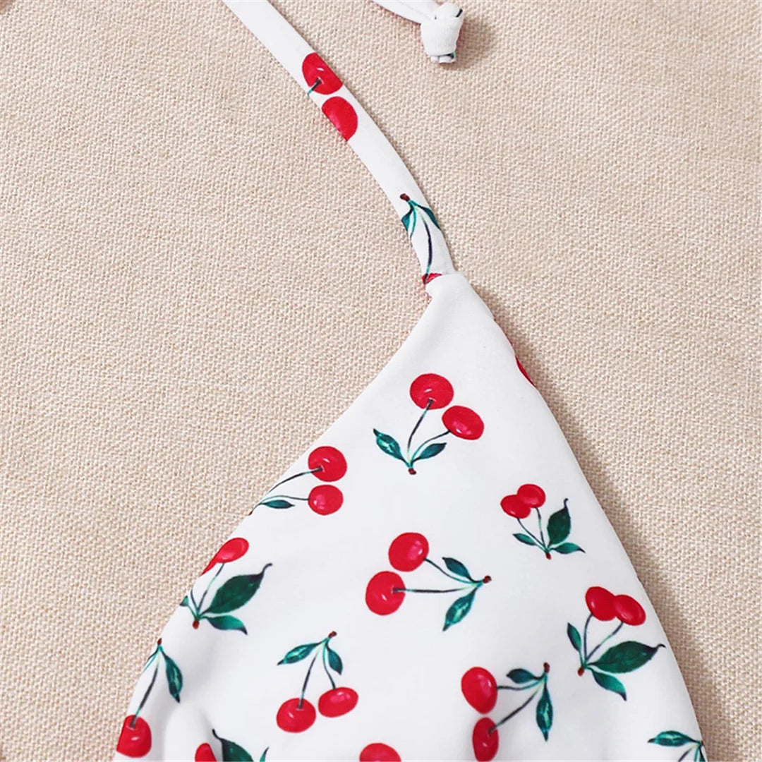 Sweet Cherry Printed Halter Strappy Bikini Set for Women - Costume da bagno due pezzi a vita bassa, realizzato in nylon e spandex, senza fili, taglia giusta - Disponibile nelle taglie dalla XS alla L