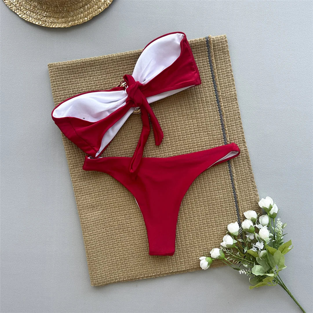 Bandeau Metal Ring Bikini, sleek bandeau top, chic metal ring detail, Polyester Spandex material, solid pattern, wire-free support, low waist design, women's bikini set, available in red and black.