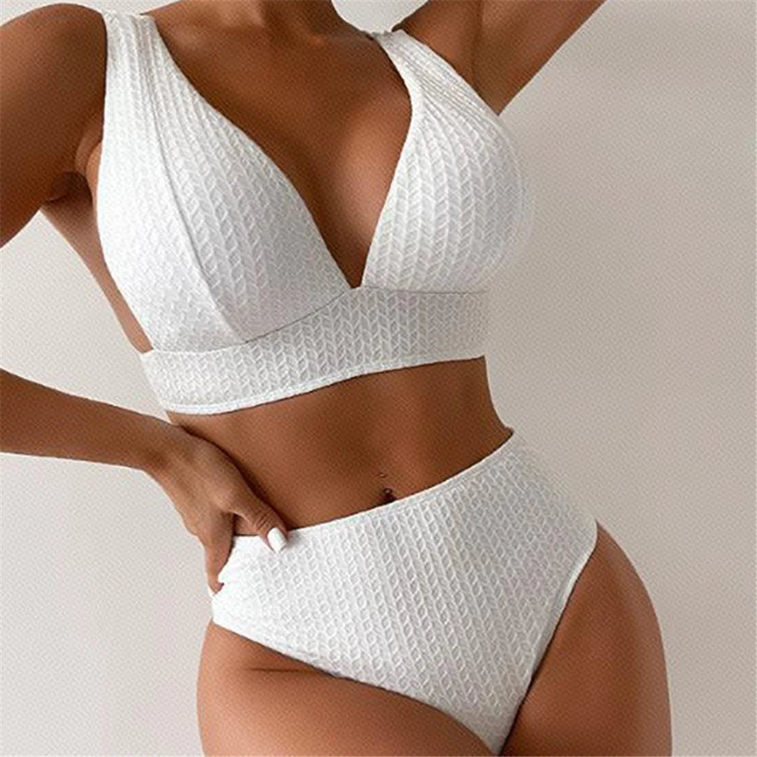 Cheeky Wrinkled V Neck High Waist Bikini Set for Women, Solid Pattern in White, Wire Free Swimwear, Fits True To Size, Available in Sizes XS to L, Modern yet Retro-inspired Two-Piece Design