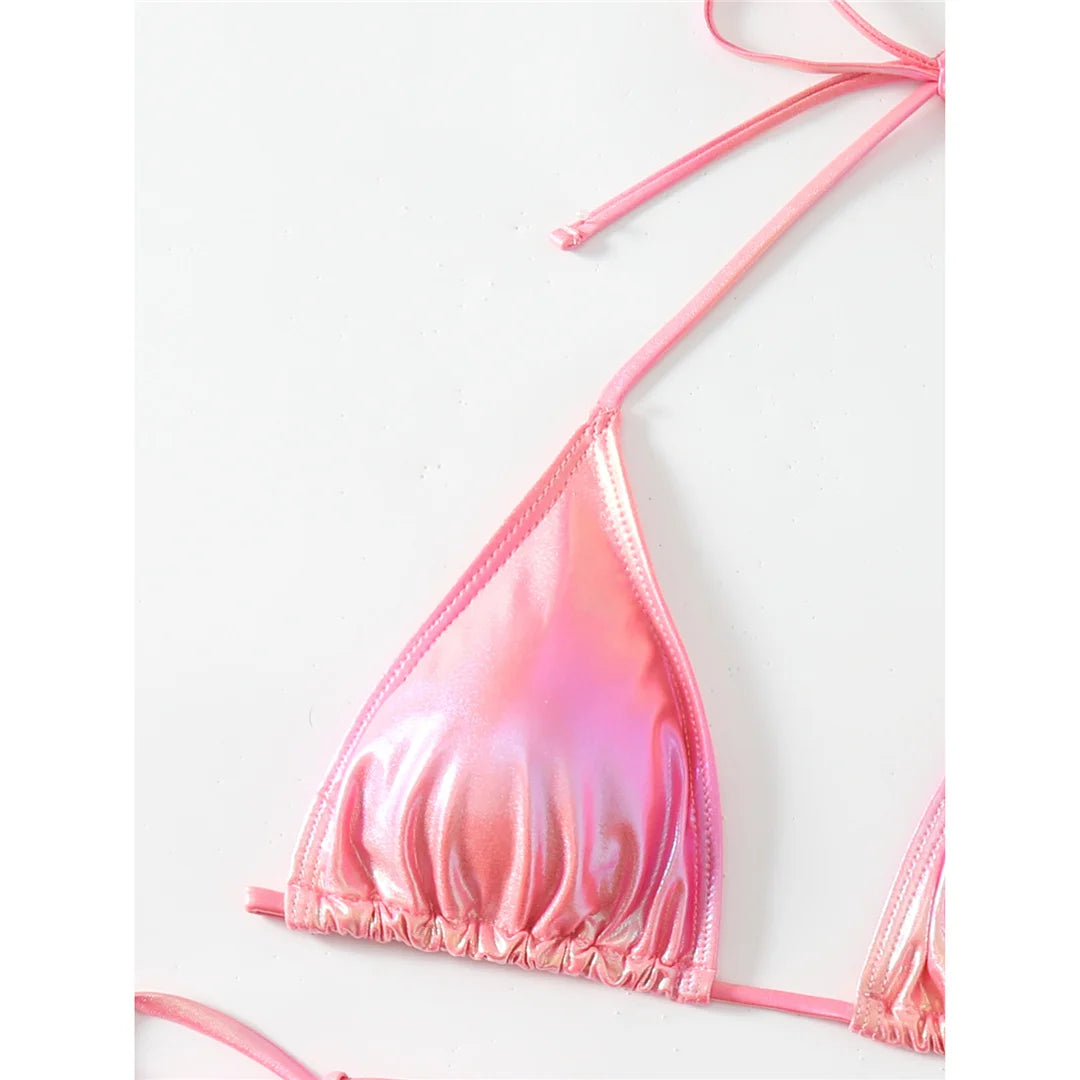 Set bikini in ecopelle con cavezza e spalline, design elegante, miscela di poliestere e spandex, supporto senza fili, vita bassa, costumi da bagno solidi a due pezzi da donna, stile moderno ed elegante.