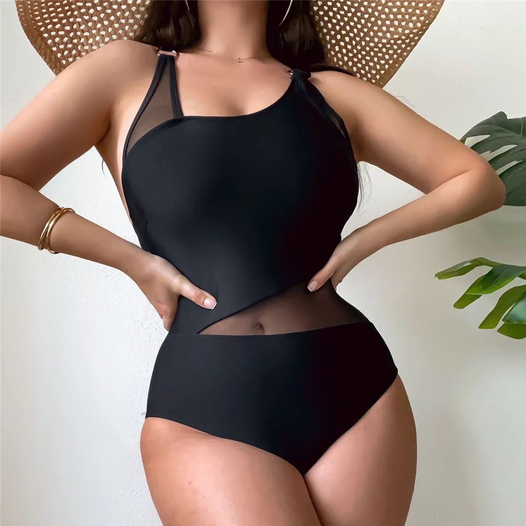 Splicing Mesh Sheer One Piece Swimsuit in Black, With High Leg Cut and Monokini Style, Made from Nylon and Spandex, Features Patchwork Pattern, Available in Sizes S to XL, Free Support Type and Padded, Fits True to Size for Women aged 18-35 and Adults, In Stock with Free Shipping