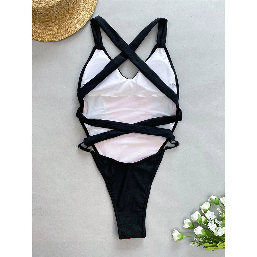 Splicing V Neck Cross Back High Leg Cut One Piece Swimsuit, Monokini, Patchwork Design, Made of Nylon and Spandex, Wire Free, True to Size, Available in Women Sizes Small, Medium, Large, Red and White colors, CUVATI Brand, Free Shipping.