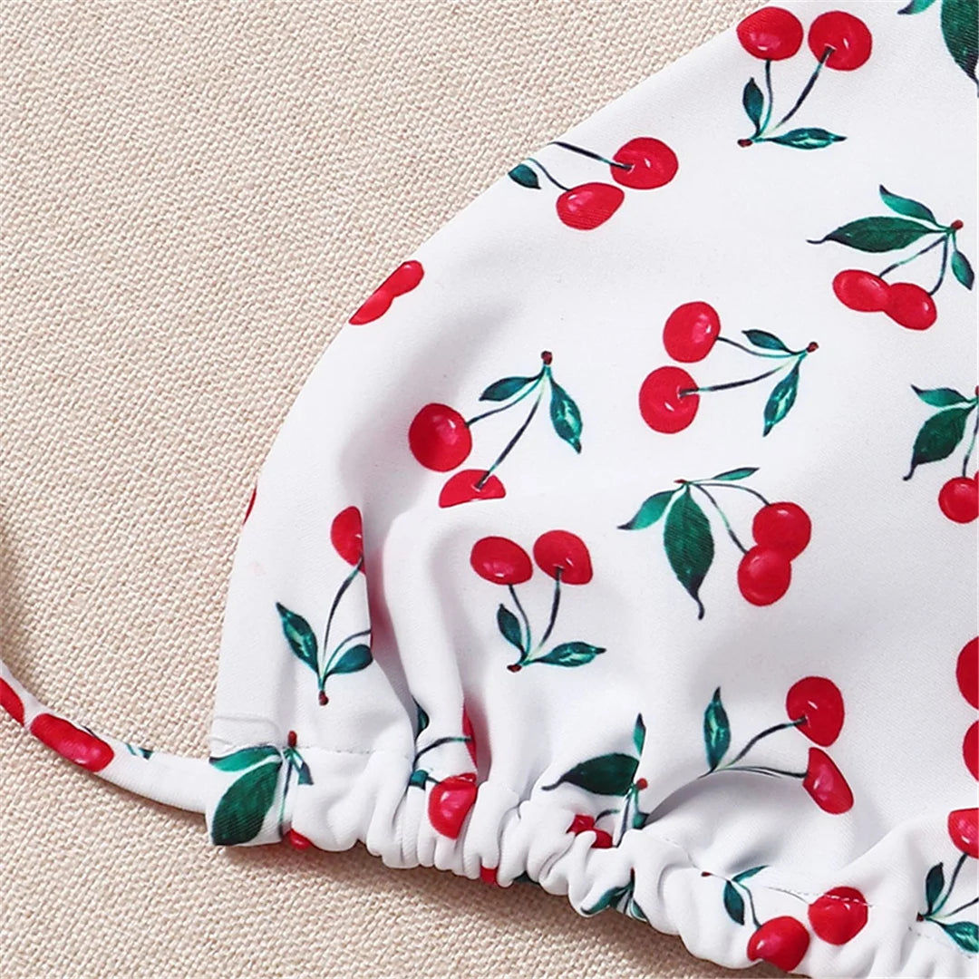 Sweet Cherry Printed Halter Strappy Bikini Set for Women - Costume da bagno due pezzi a vita bassa, realizzato in nylon e spandex, senza fili, taglia giusta - Disponibile nelle taglie dalla XS alla L