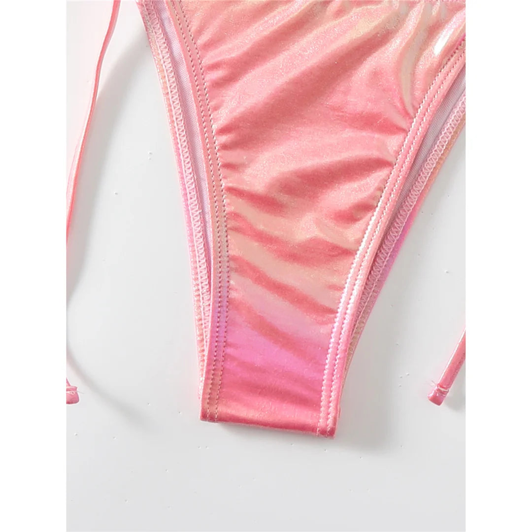 Set bikini in ecopelle con cavezza e spalline, design elegante, miscela di poliestere e spandex, supporto senza fili, vita bassa, costumi da bagno solidi a due pezzi da donna, stile moderno ed elegante.