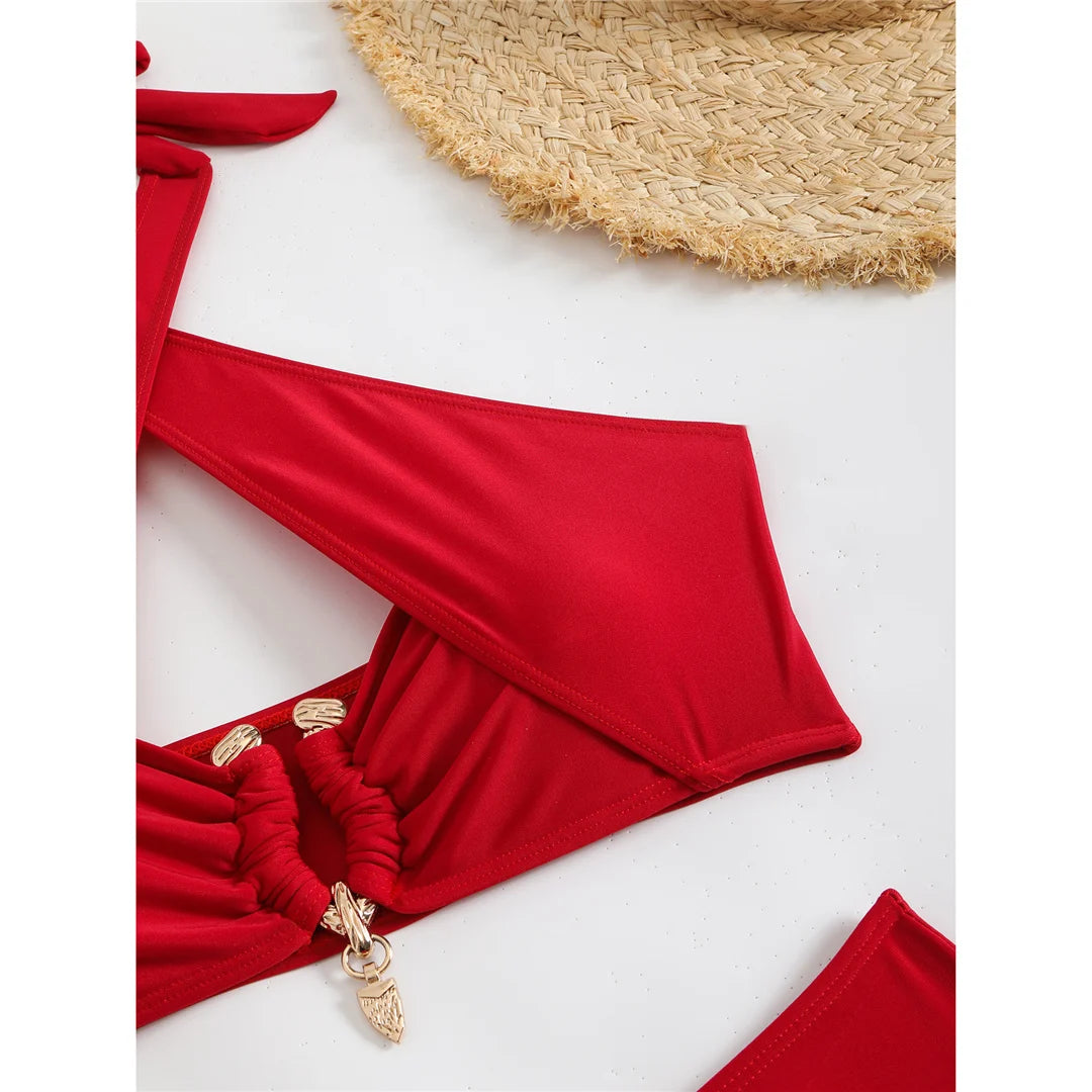 Halter cut-out high waist bikini set with padded top in solid colors for women, offering a chic and stylish swimwear option.