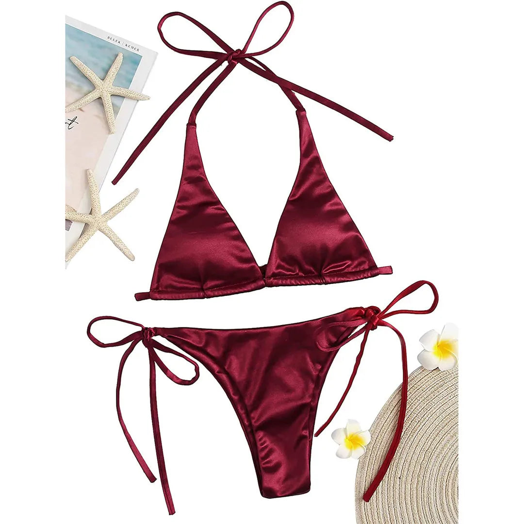 Lussuoso set di bikini brasiliani imbottiti in raso a due pezzi per donne - Costumi da bagno in nylon e spandex con supporto senza fili, vestibilità fedele alla taglia, vita bassa - Disponibile in più colori