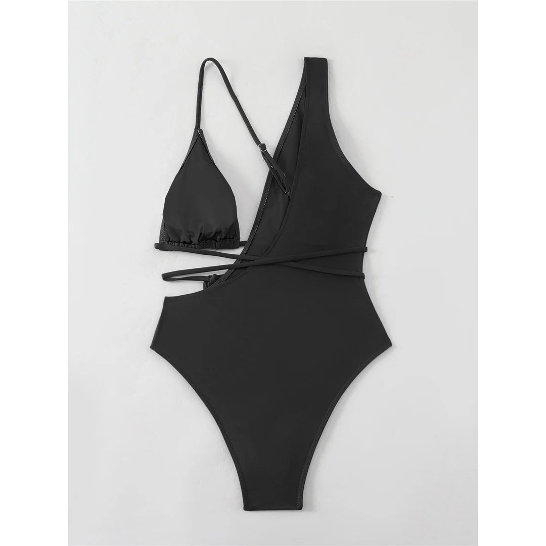 Costume intero con taglio asimmetrico, design monokini a gamba alta, top a triangolo regolabile, misto poliestere spandex, motivo monocromatico a tinta unita, costumi da bagno eleganti da donna.