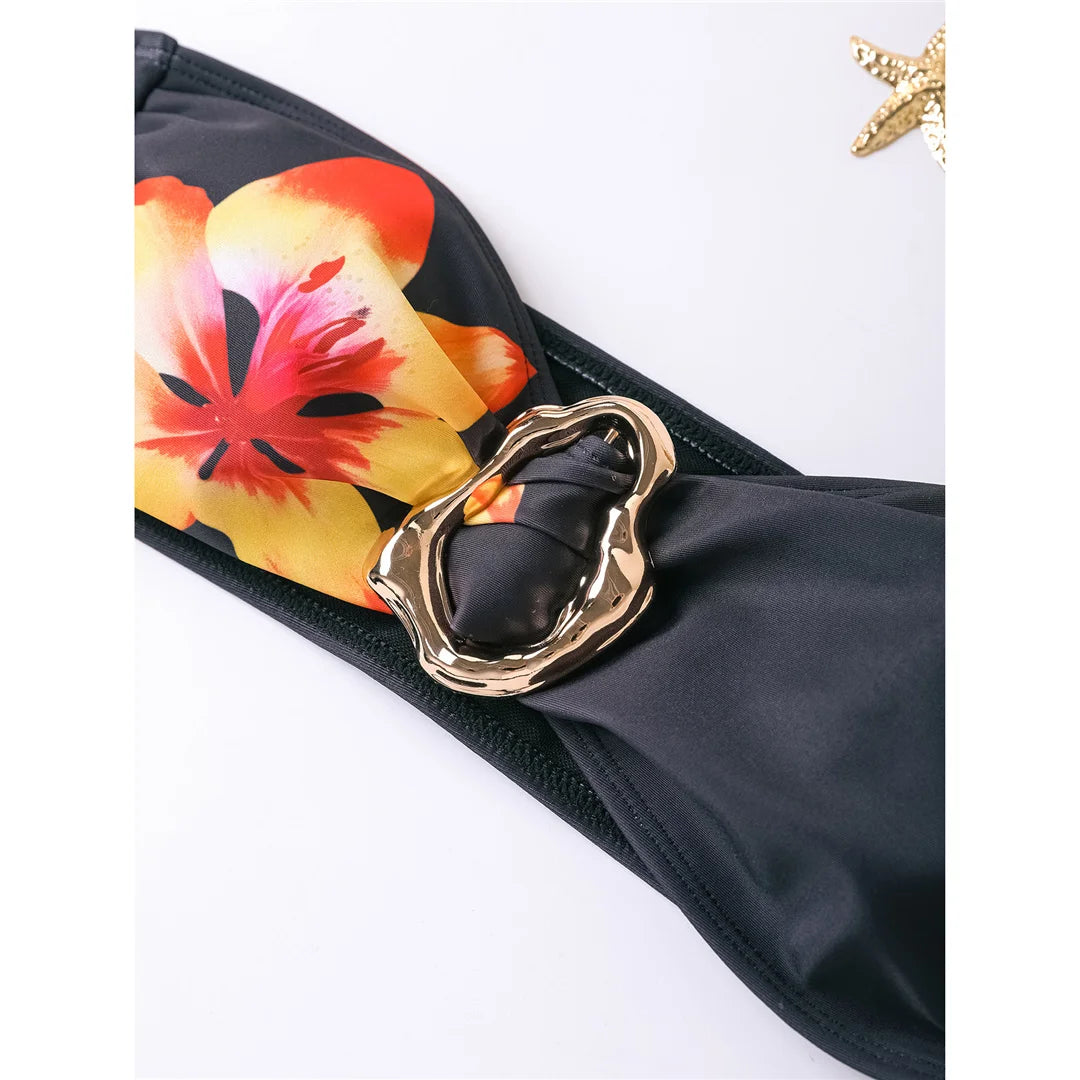 Floral Printed Bikini Set with Pants featuring vibrant prints, low waist bottoms, coordinating pants for versatility, perfect for stylish beach transitions.