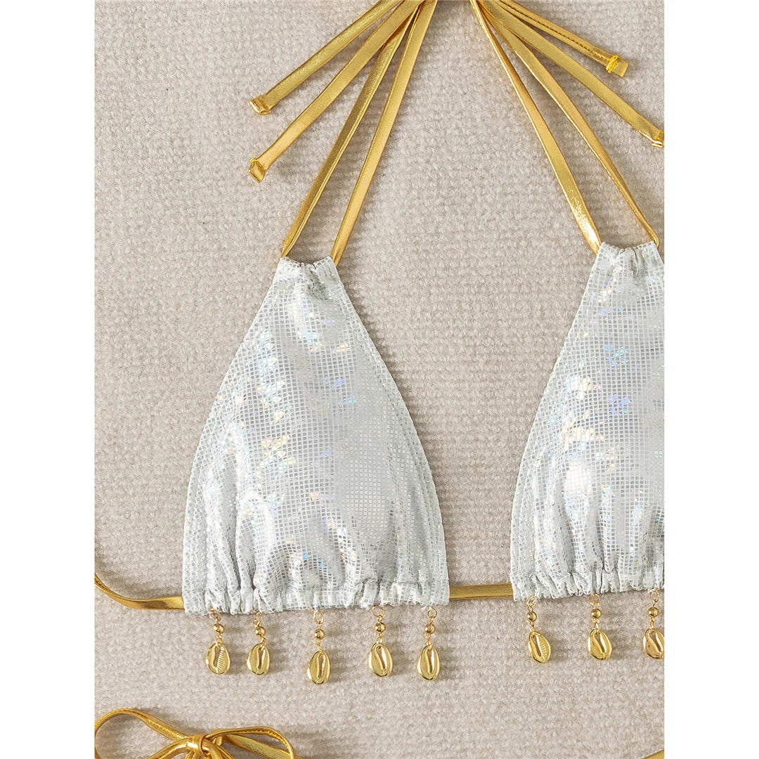 Set bikini halter con paillettes luccicanti, design a gamba alta, misto poliestere spandex, supporto senza fili, vita bassa, costumi da bagno solidi a due pezzi da donna, stile elegante e accattivante.