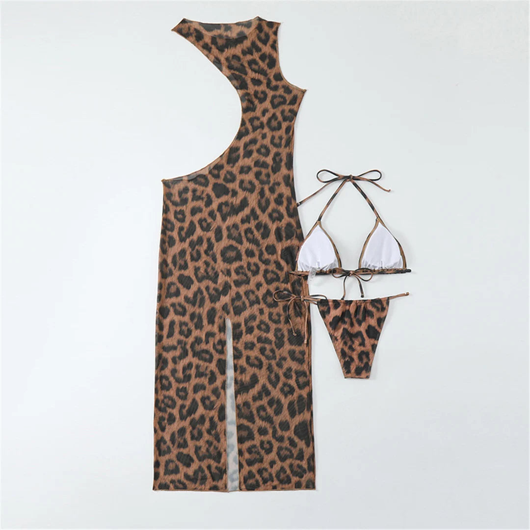 Set bikini Halter con stampa leopardata e copricostume coordinato, design chic e indomito, taglia regolare da XS a L per le donne, perfetto per un look audace e vivace in spiaggia o a bordo piscina, con il classico motivo leopardato.