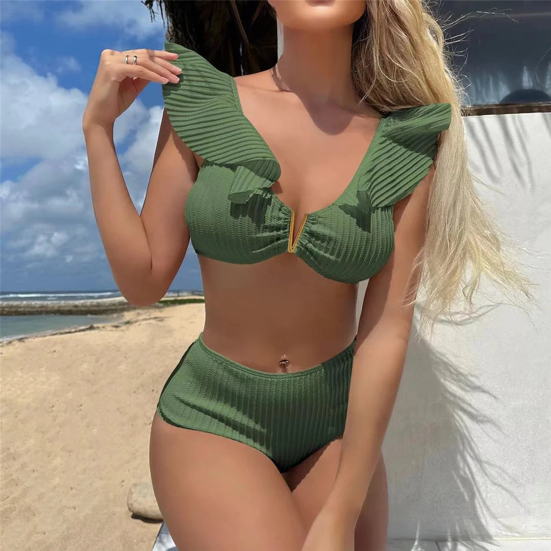 Ruffled Ribbed High Waist Bikini Set for Women, Solid Color Swimwear in Black, Dark Green, and White, Whimsical Two-Piece Set with Comfortable High-Waisted Bottoms for Chic Beach Style