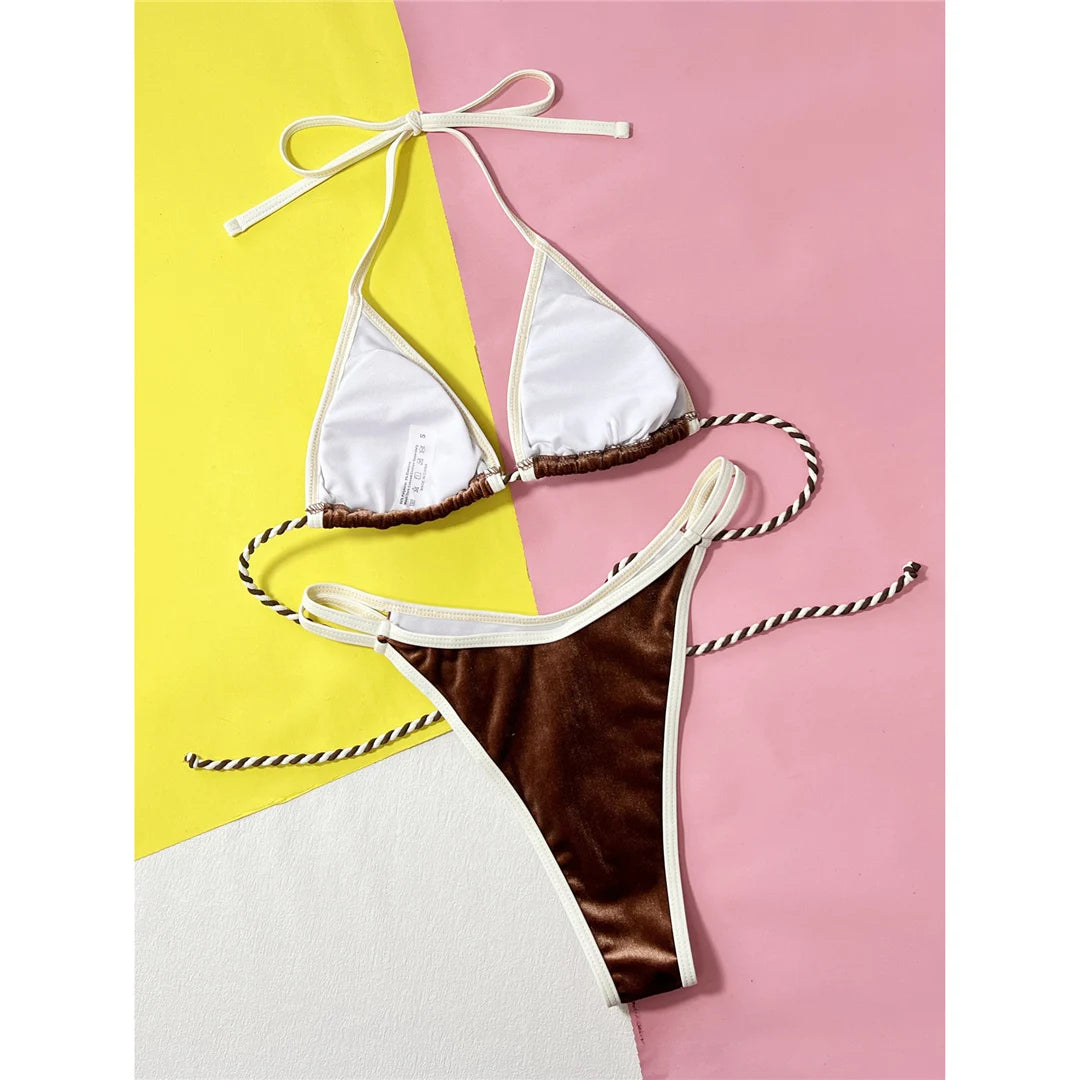 Set di bikini da donna con taglio a gamba alta, costumi da bagno solidi marroni in due pezzi con top imbottito di sostegno, design lusinghiero e confortevole per le giornate in spiaggia al sole
