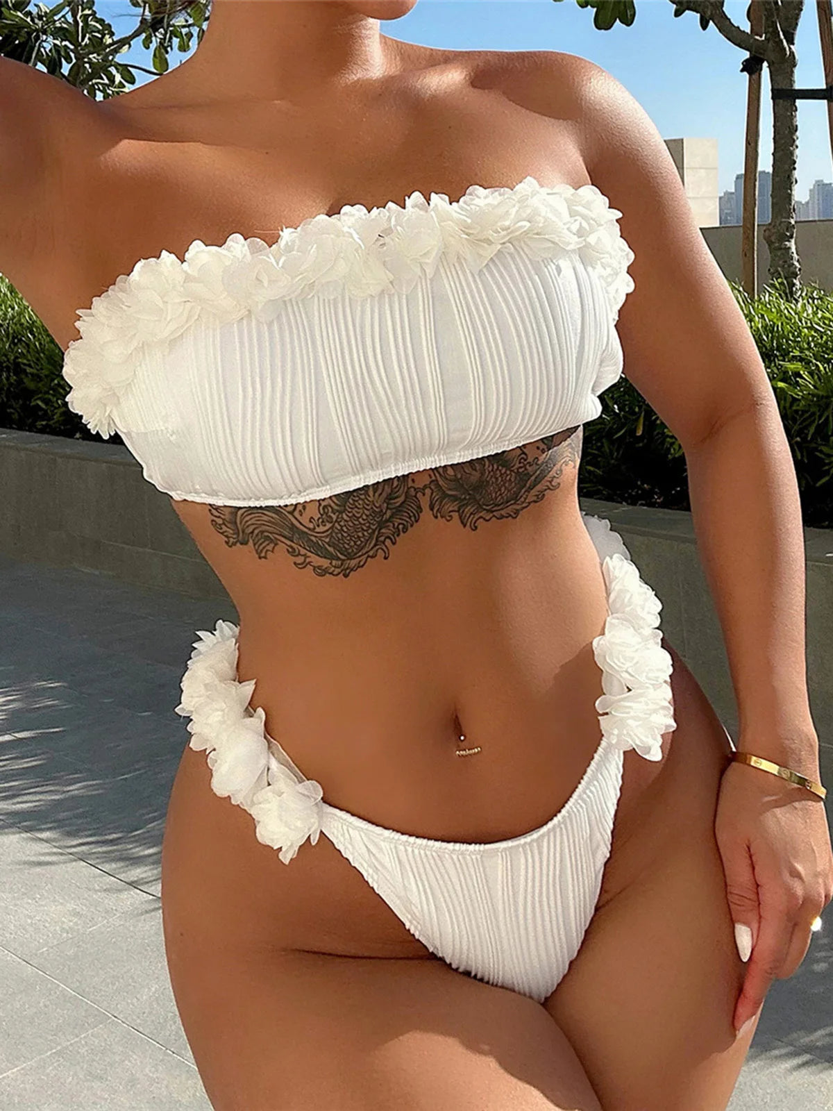 Bandeau Wrinkled Ruffled Bikini Set, Low Waist Two-Piece Swimwear, Made of Nylon and Spandex, Solid Pattern, Wire-Free Comfort, True to Size, Women's Bikini Set, Comes with Padding, Available in Sizes Small, Medium, and Large, In White Color, Free Shipping.