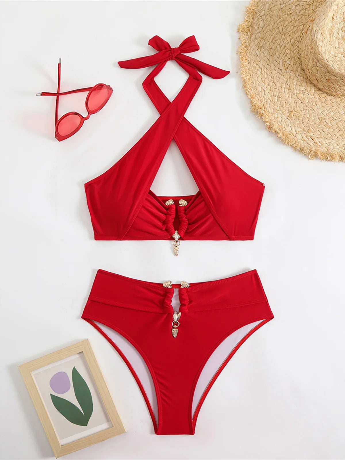 Halter cut-out high waist bikini set with padded top in solid colors for women, offering a chic and stylish swimwear option.