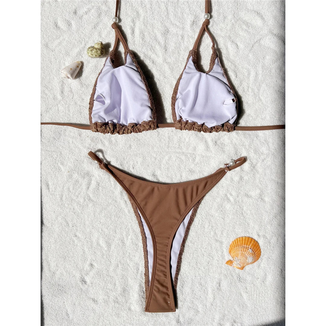 Set bikini a rete con cavezza, design a taglio alto, misto poliestere spandex, supporto senza fili, vita bassa, costumi da bagno solidi a due pezzi da donna, moda audace e contemporanea.