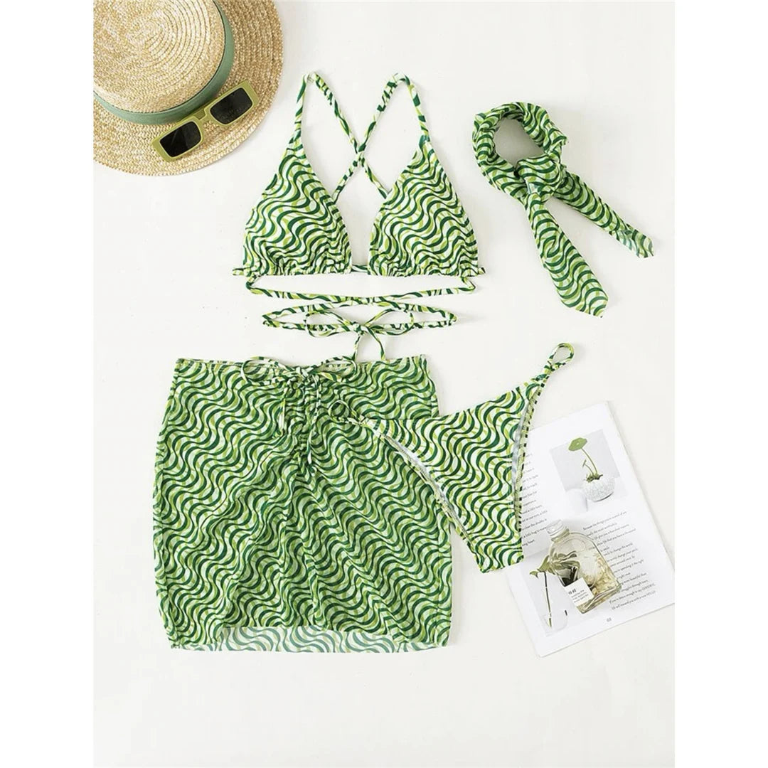 Bikini avvolgente con gonna e fascia per capelli