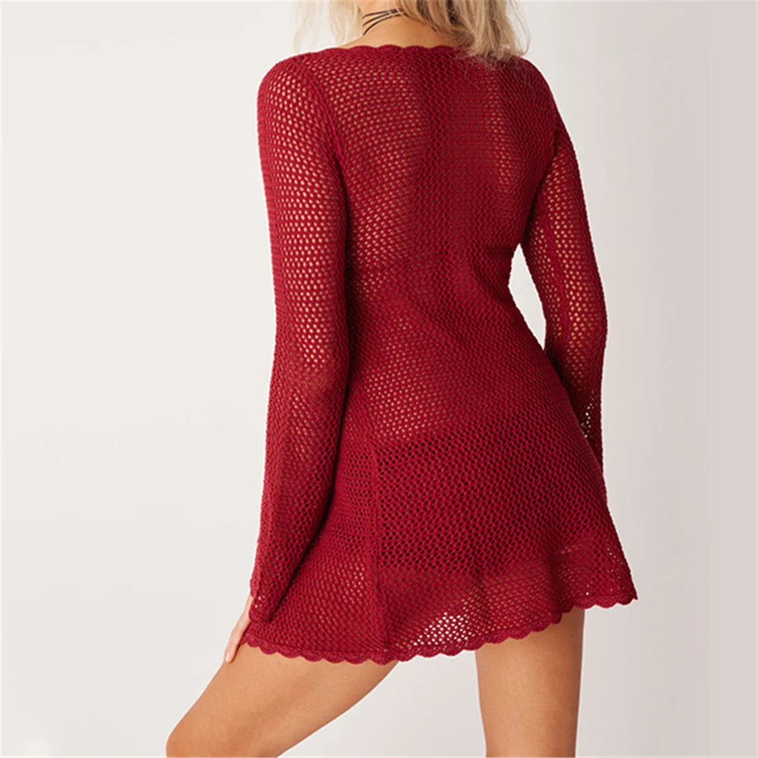 Tunica a maniche lunghe all'uncinetto da donna, con design a maglia trasparente, ideale per coprirsi in spiaggia, traspirante e rilassante, corrisponde alla taglia, disponibile nelle taglie da S a XL, Materiale: Nylon, Poliestere, Cotone, Modello tinta unita, Disponibile in bianco, nero, rosso rubino e multicolore.