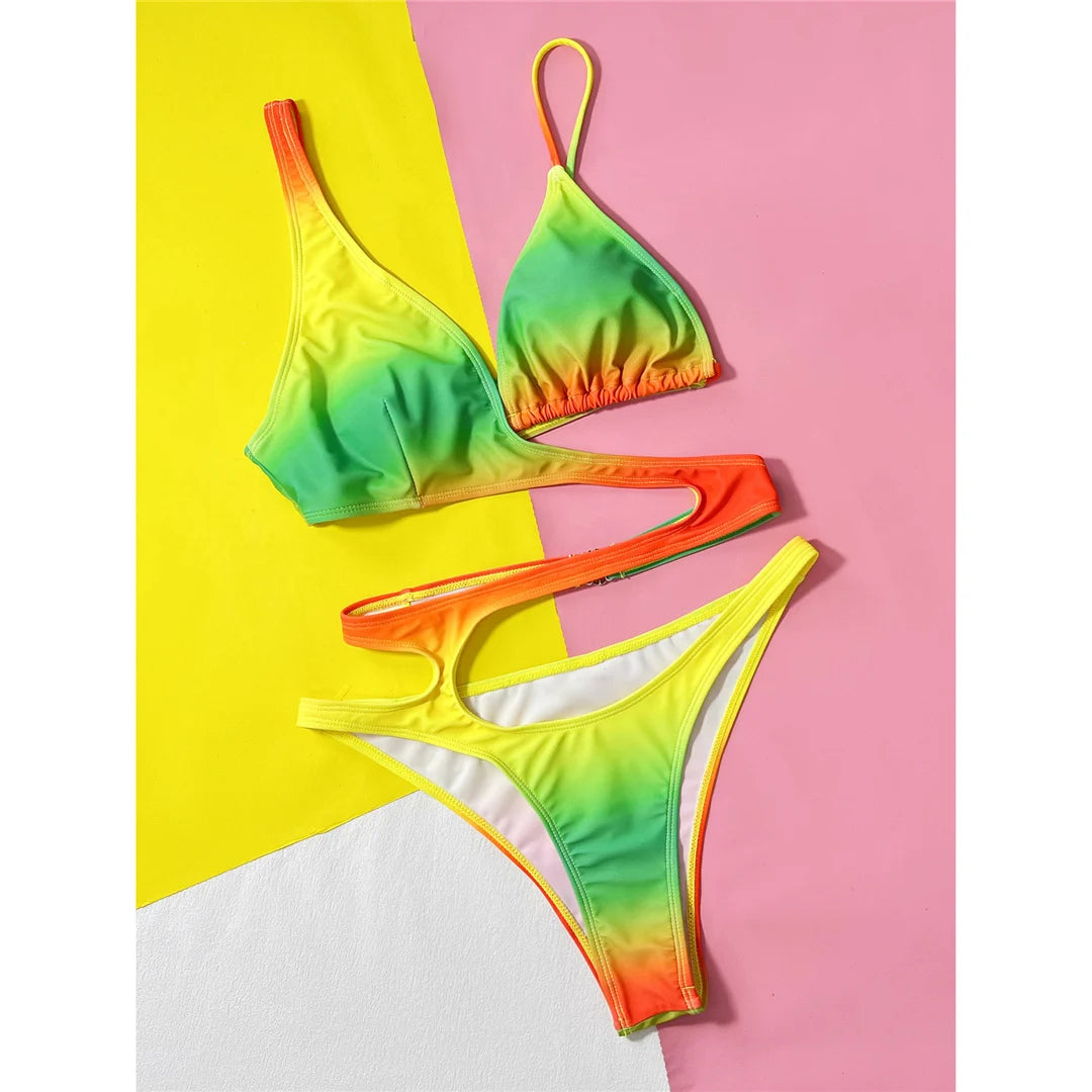 Elegant Asymmetric Gradient One-Piece Swimsuit with Tummy Cut Out in Colorful Design, Daring Style Monokini with High Leg Cut, Made from Nylon and Spandex, Features Pad for Additional Support, Ideal for Women, Available in Sizes S to L