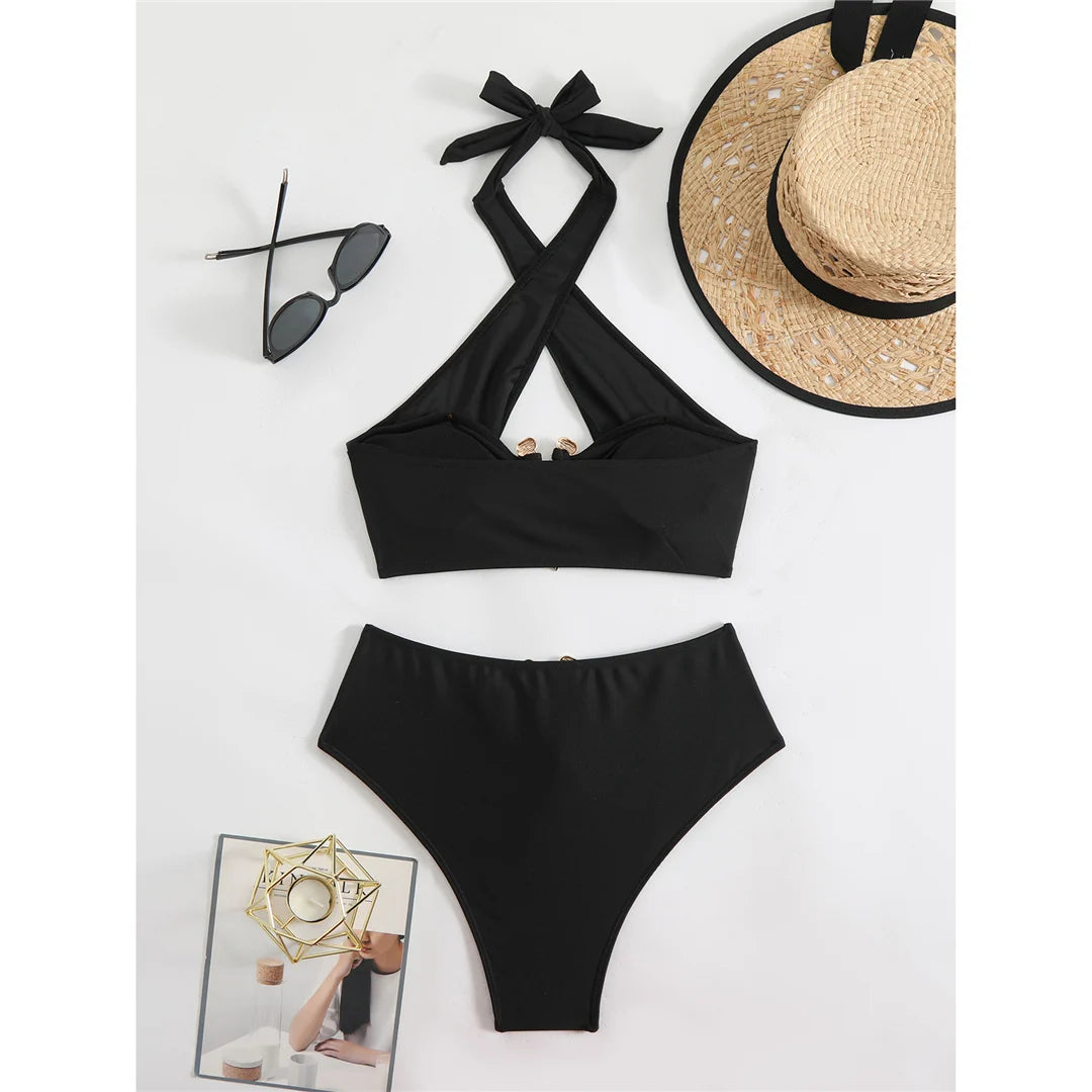 Halter cut-out high waist bikini set with padded top in solid colors for women, offering a chic and stylish swimwear option.