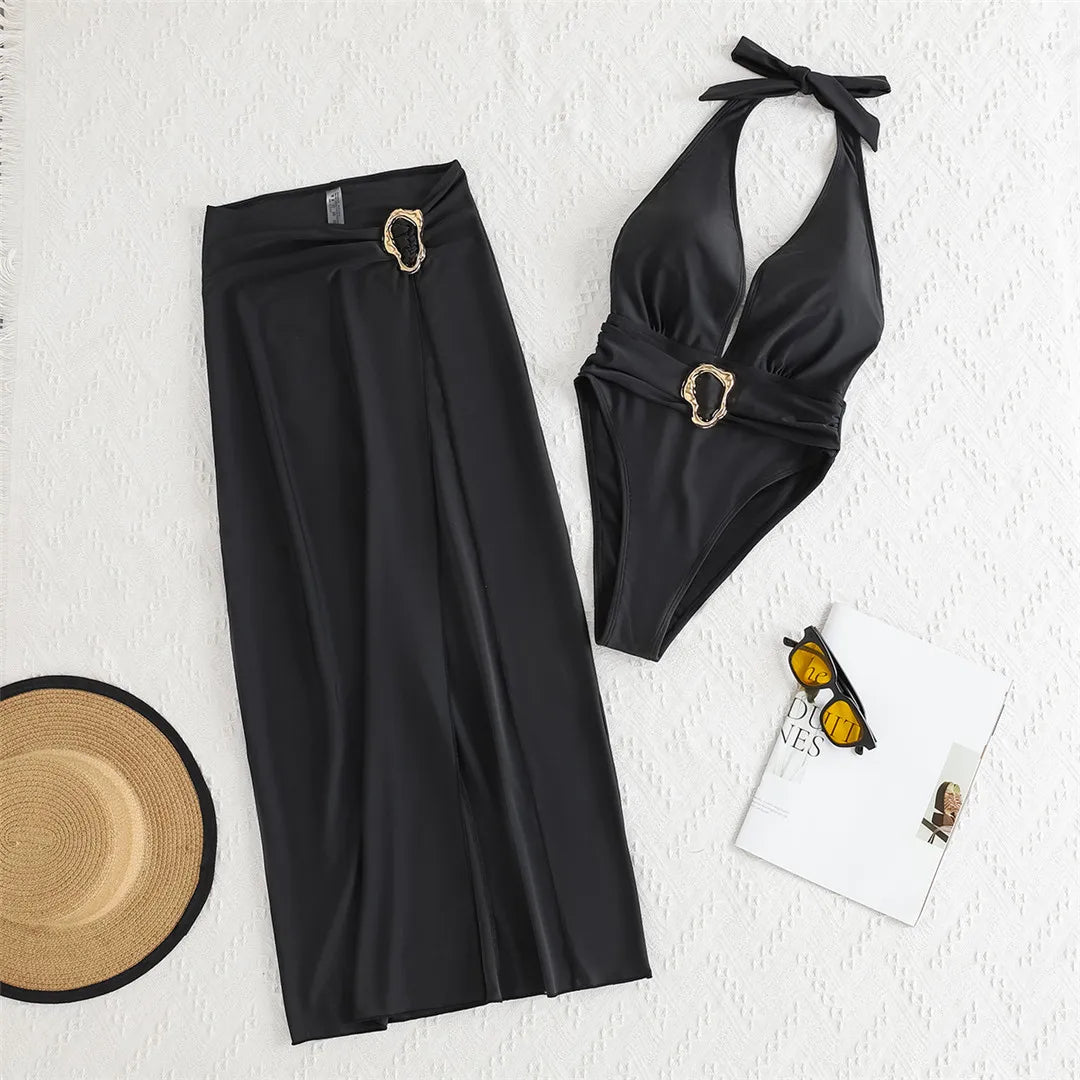 Deep Halter Swimsuit with Skirt, featuring adjustable halter neckline, monochrome solid design, polyester and spandex blend for an elegant beach look.