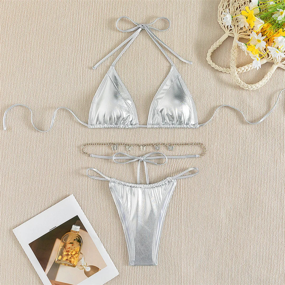 Stunning Faux Leather Bikini Set for Women with Butterfly Chain Detail, Solid Pattern, Wire Free Support, Low Waist, Fits True To Size, Available in Sizes S, M, L, In Stock with Free Shipping, Ideal for ages 18-35 and Adults, New Condition, Silver Color.