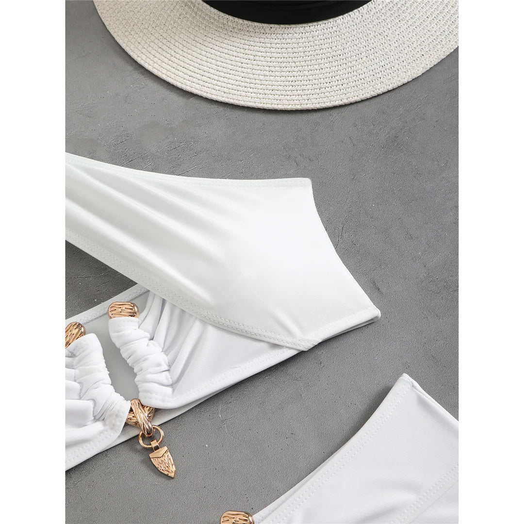 Halter cut-out high waist bikini set with padded top in solid colors for women, offering a chic and stylish swimwear option.