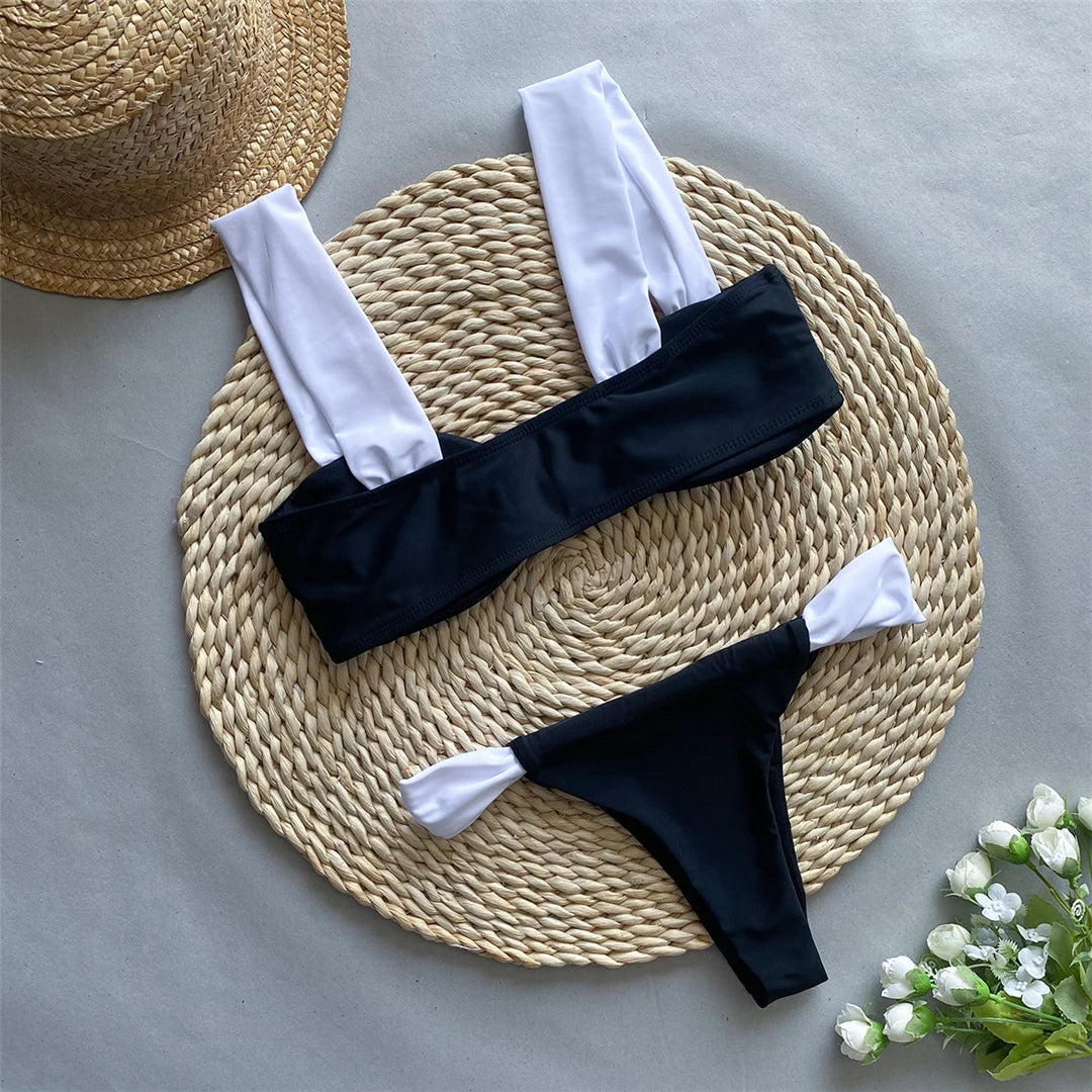 Set bikini con taglio a gamba alta in leopardo, bianco e nero, due pezzi, realizzato in nylon e spandex, motivo patchwork, senza fili, vita bassa, misura perfetta, taglie disponibili S, M, L, ideale per donne, disponibile in stock, spedizione gratuita, perfetto per adulti dai 18 ai 35 anni