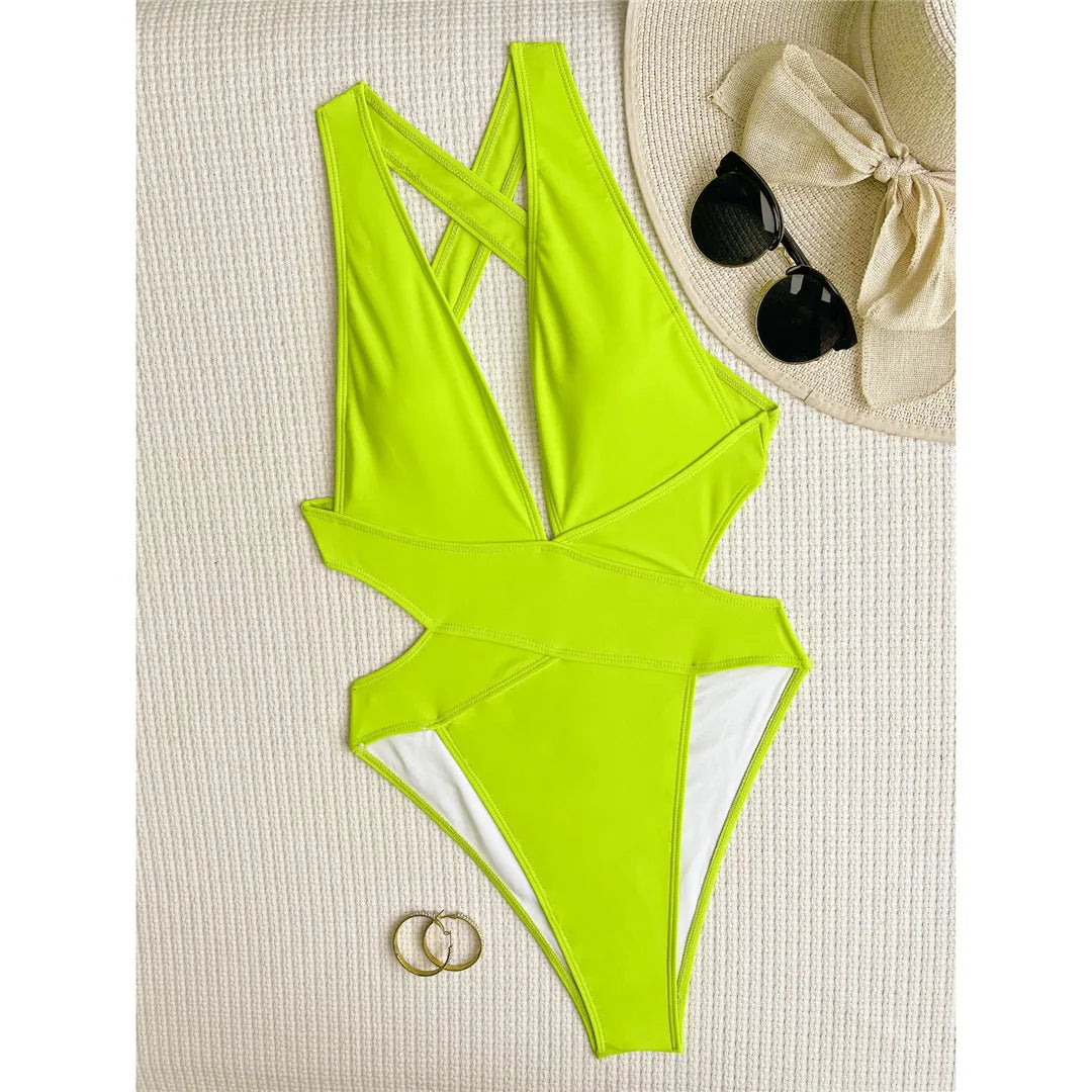 Deep V-neck cross back one-piece swimsuit, high-leg scrunch butt design, adjustable triangle top, monochrome solid pattern, polyester spandex blend, women's stylish and comfortable swimwear.