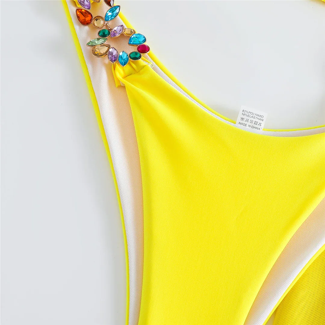 Diamond Jewelled Halter Bikini Set with Skirt, Three-Piece Swimwear, Made with Nylon and Spandex, Solid Pattern, Wire-Free Comfort, Low Waist Design, Women's Bikini, Fits True to Size, Bikini Set with Padding, Available in Sizes Small, Medium, Large, In Hot Pink and Yellow, Free Shipping.