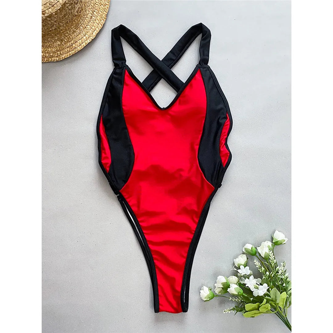 Splicing V Neck Cross Back High Leg Cut One Piece Swimsuit, Monokini, Patchwork Design, Made of Nylon and Spandex, Wire Free, True to Size, Available in Women Sizes Small, Medium, Large, Red and White colors, CUVATI Brand, Free Shipping.