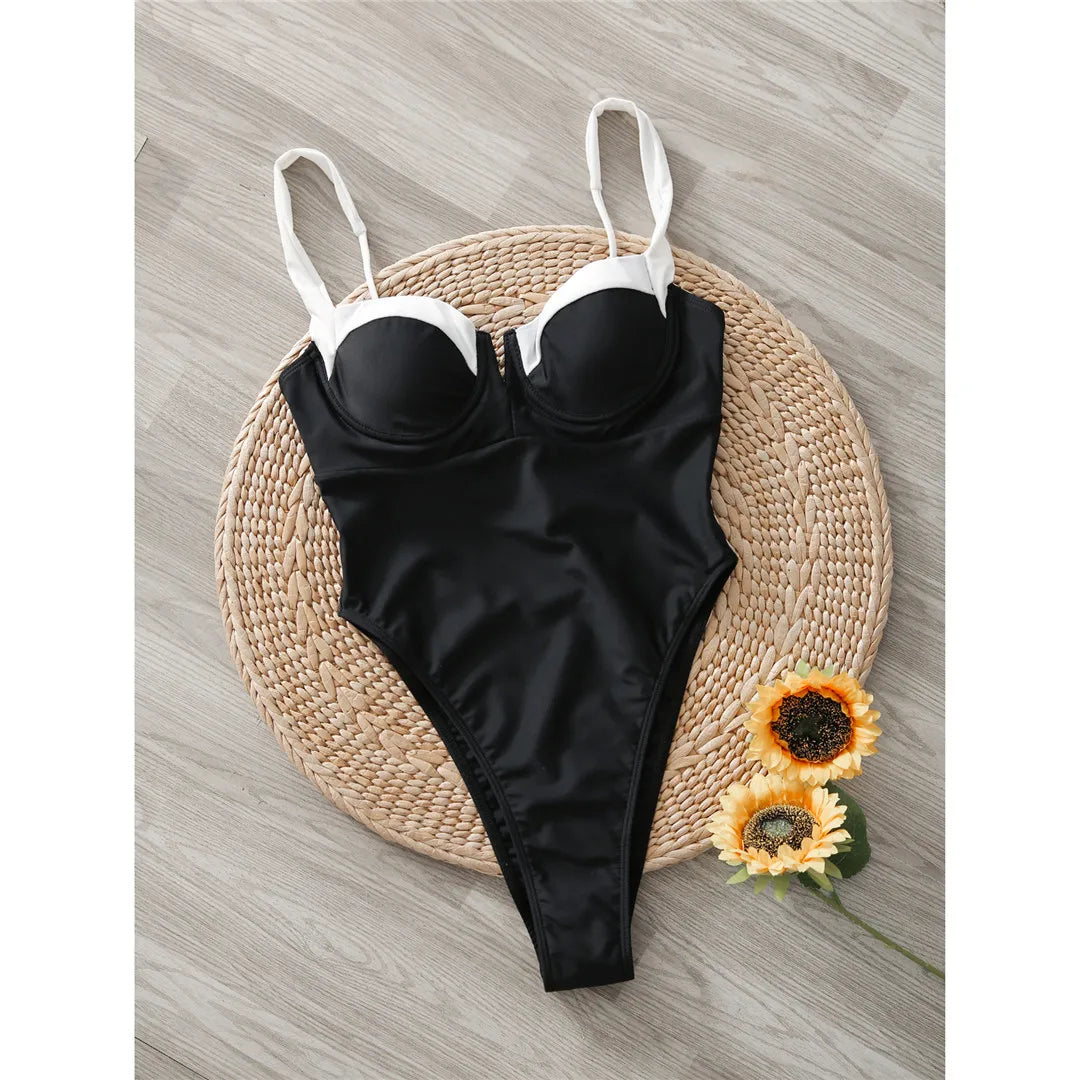 Splicing design high-leg cut one-piece swimsuit with underwired and padded support in vibrant colors for women.