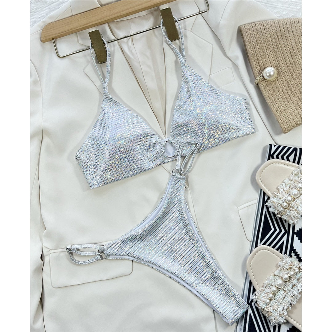 Bikini a taglio alto con paillettes lucide