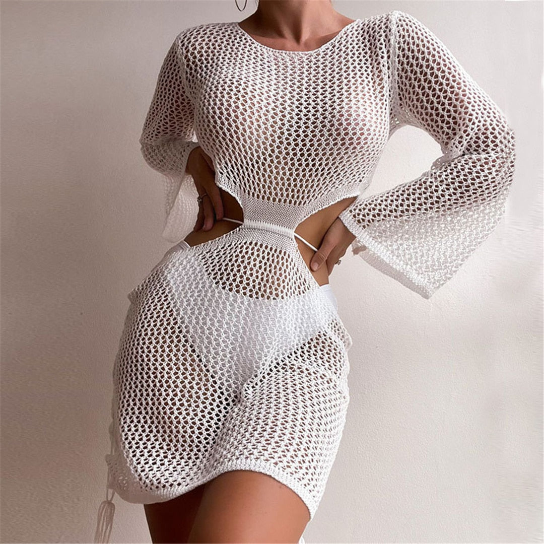 White Sexy Long Sleeve Hollow Out Cut Out Crochet Knitted Tunic Beach Cover Up Cover-ups Beach Dress Beach Wear Beachwear Female