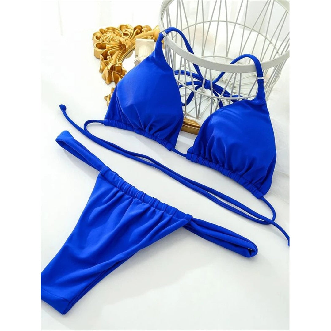 Blu reale Sexy stropicciato taglio alto perizoma Bikini donne costumi da bagno costume da bagno femminile due pezzi Bikini set bagnante costume da bagno Festival Swim Lady brasiliano Micro Cheeky