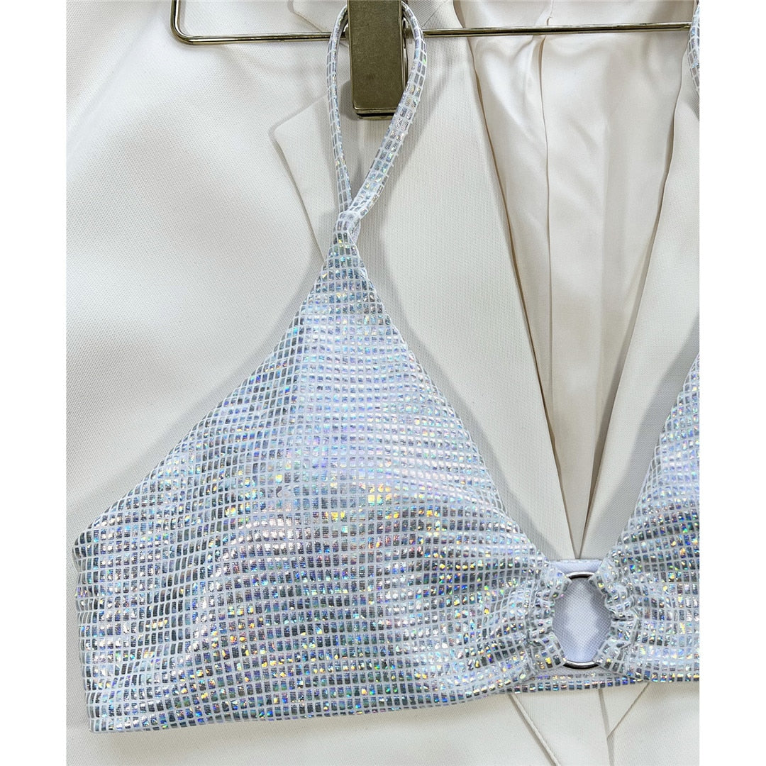 Bikini a taglio alto con paillettes lucide