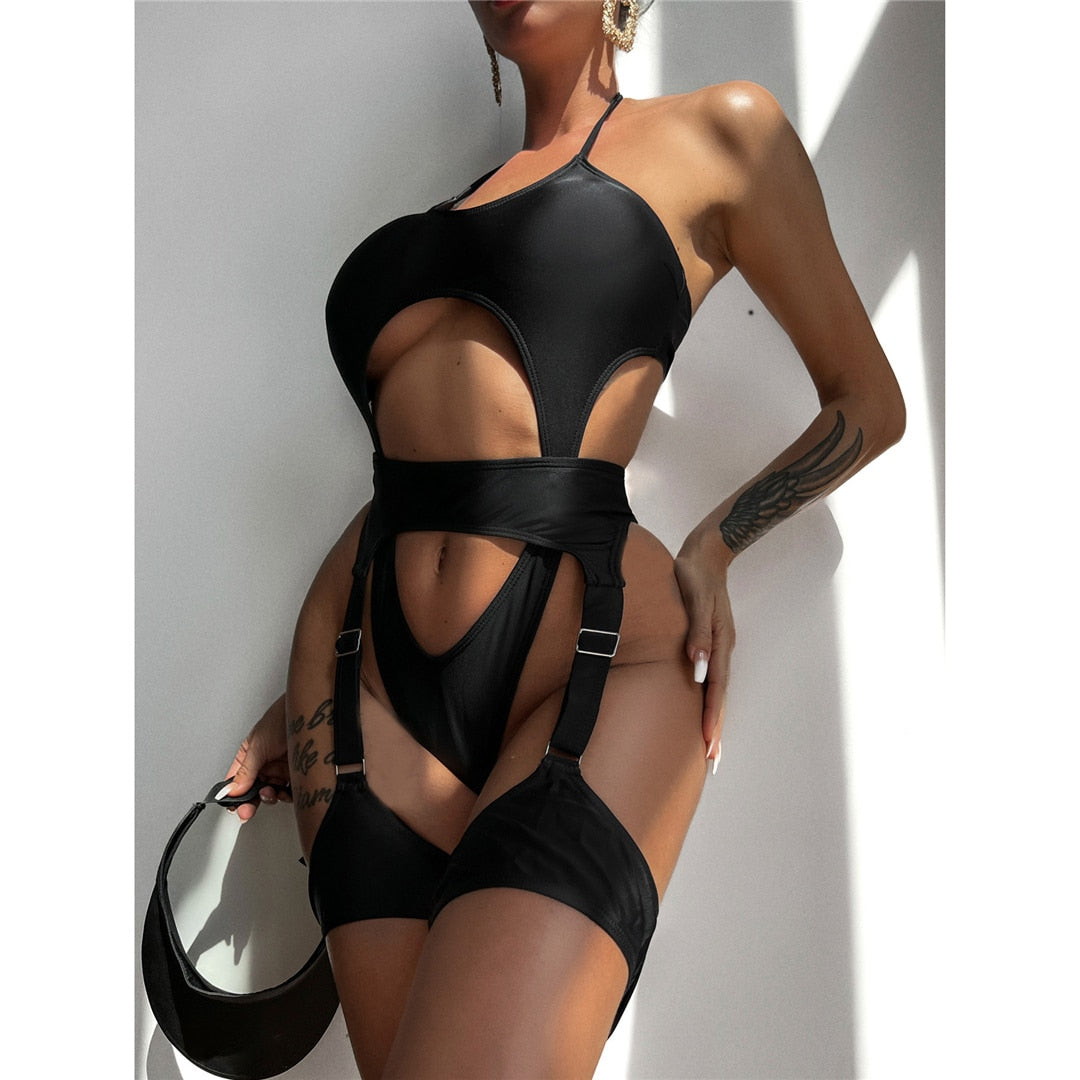 Nero Sexy Tummy Cut Out Halter Con Giarrettiera Costume da Bagno Donna Costume da Bagno Femmina Taglio Gamba Alta Tuta da Bagno Swim Lady Club Servizio Bottiglia EDC EDM Festival Outfit