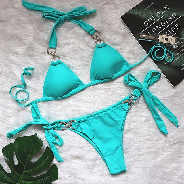 Teal Aqua Halter Diamond Ring Bikini bikini di cristallo bikini impreziosito bikini di diamanti costumi da bagno di strass set di bikini di diamanti costume da bagno coprire reggiseno di strass moda nova lusso bikini scintillante costume da bagno costoso