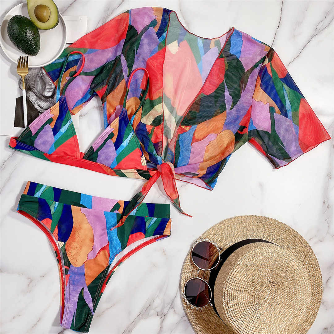 Colorful Female Swimsuit High Waist Bikini Women Swimwear Two-pieces Bikini set Short Sleeve Bather Bathing Suit Swim