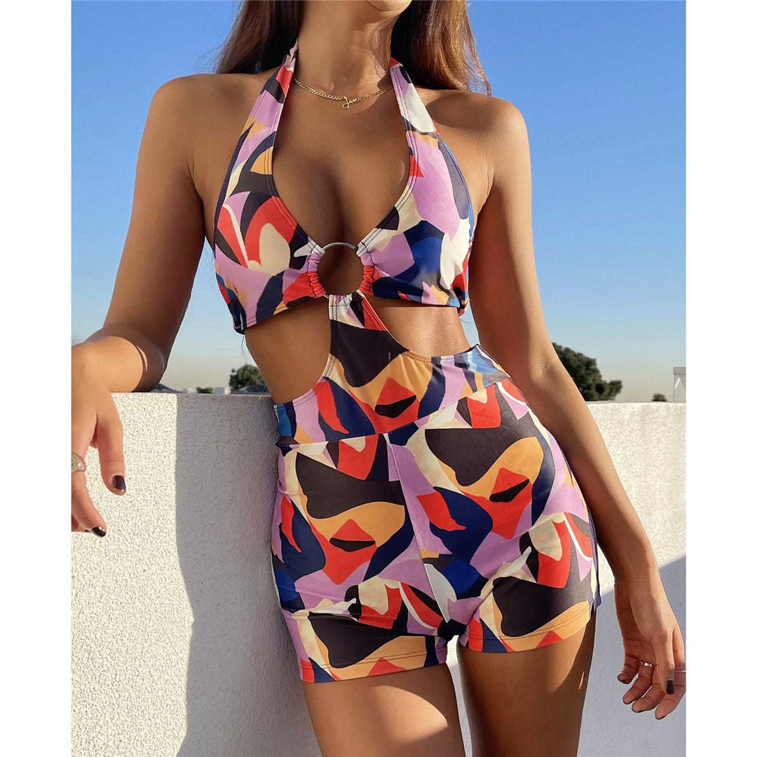 Colorful Halter Cut Out Monokini One piece Swimsuit