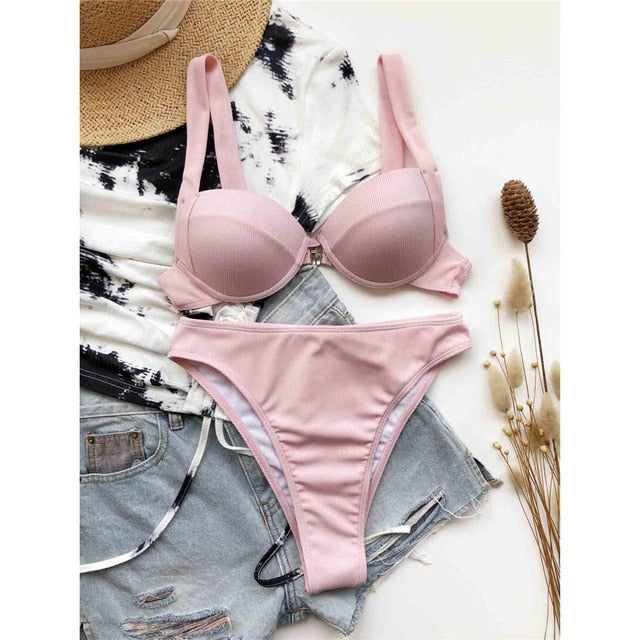 Rosa Bikini a vita alta Push Up Costume da bagno femminile Donne Due pezzi Bikini set con reggiseno Coppa bagnante Costume da bagno Lady