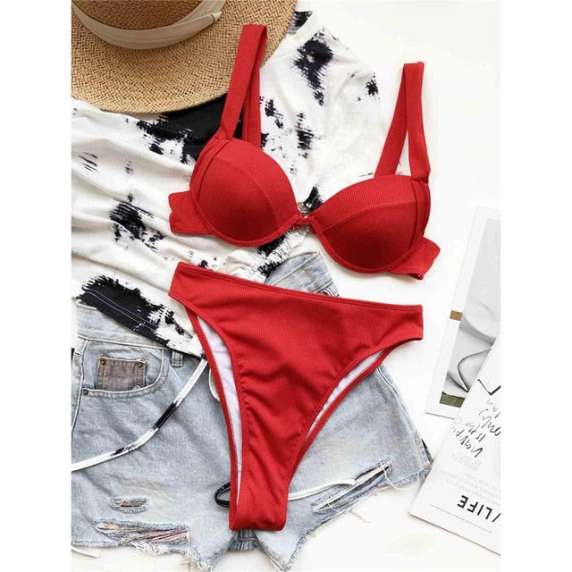 Rosso a vita alta Bikini Push Up Costume da bagno femminile Donne Due pezzi Bikini set con coppa reggiseno bagnante costume da bagno Lady