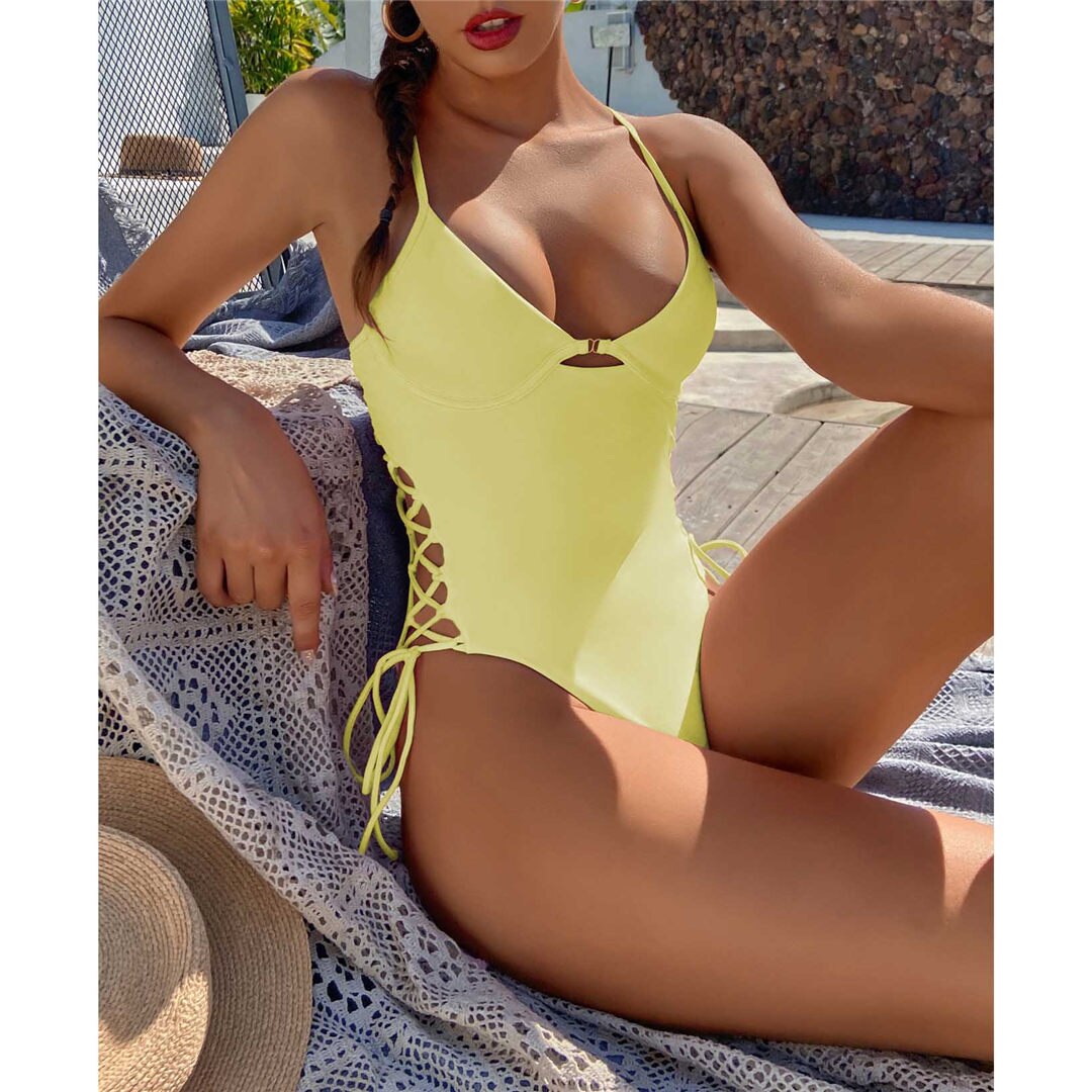 Yellow Sexy 5 Colors Lace Up Underwired One Piece Swimsuit Women Swimwear Female Padded Monokini Bather Bathing Suit Swim Lady