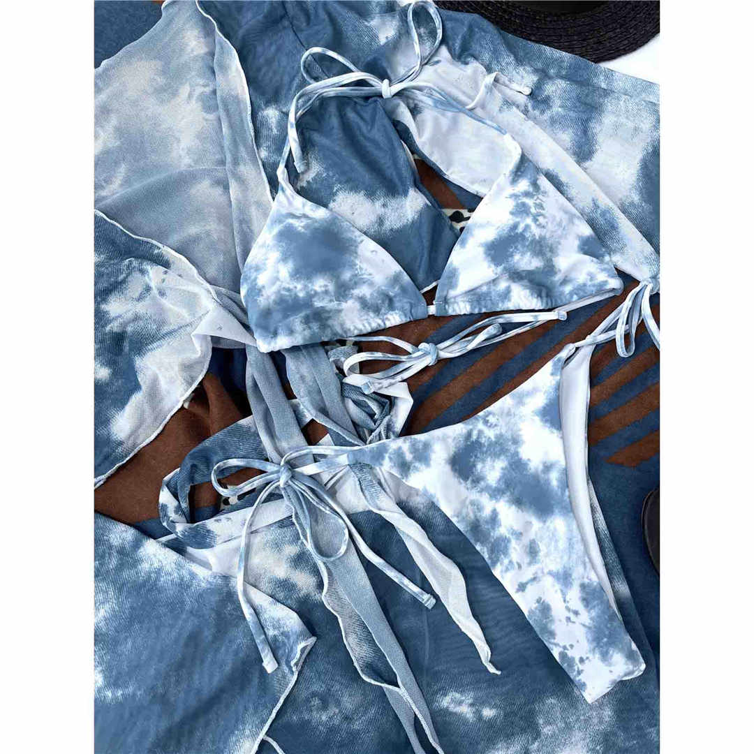 Tie Dye manica lunga Bikini Costume da bagno femminile Costumi da bagno quattro pezzi Bikini set Sarong Halter Tuta da bagno Swim