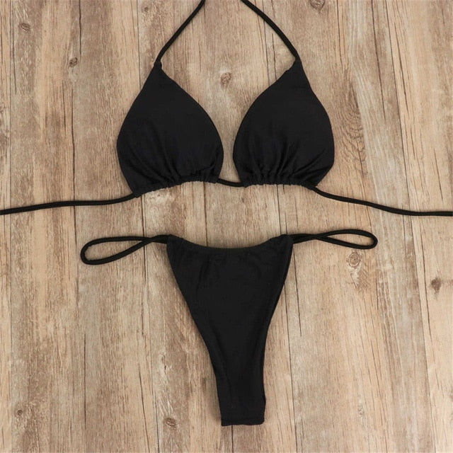 Nero Nuovo Sexy Halter Tiny Thong Bikini Donne Costumi da bagno Costume da bagno femminile Due pezzi Bikini set Imbottito Mini Bagnante Costume da bagno brasiliano Micro
