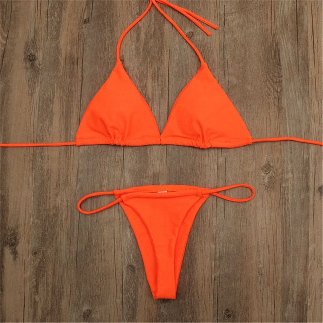 Arancione Nuovo Sexy Halter Tiny Thong Bikini Donne Swimwear Costume da bagno femminile Due pezzi Bikini set Imbottito Mini Bather Costume da bagno brasiliano Micro