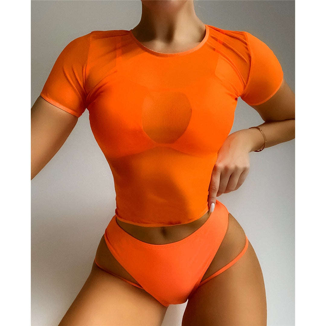 Arancione femminile costume da bagno Bikini a vita alta donne costumi da bagno tre pezzi Bikini set manica corta Cover Ups bagnante costume da bagno