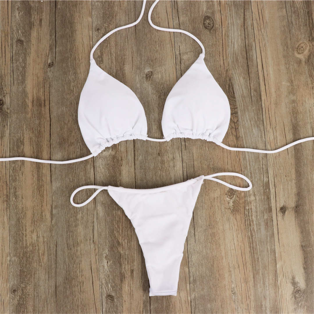 Bianco Brasiliano Micro Nuovo Sexy Halter Tiny Perizoma Elastico Morbido Bikini Donne Costumi da bagno Costume da bagno femminile Due pezzi Bikini set Imbottito Mini Bagnante Costume da bagno