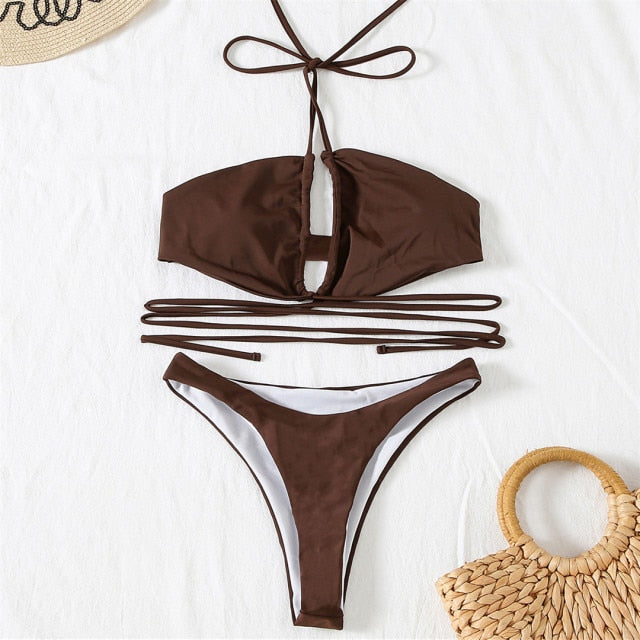Sexy Halter Lace Up Wrap Around Bikini Costume da bagno femminile Costume da bagno due pezzi Bikini set Bagnante Costume da bagno Lady Brown