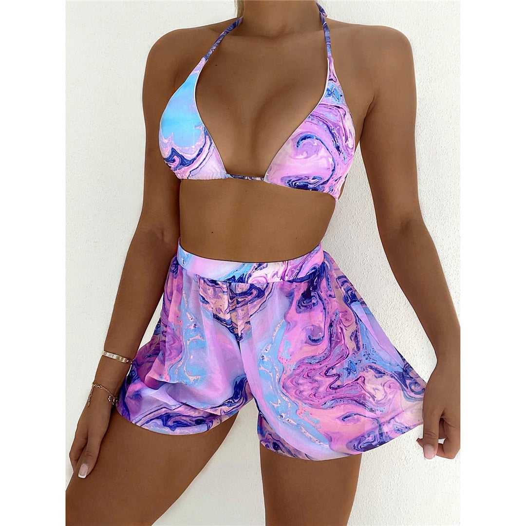 3 PCS Tie Dye Halter Bikini Costume da bagno femminile Costumi da bagno tre pezzi con pantaloncini costume da bagno Swim