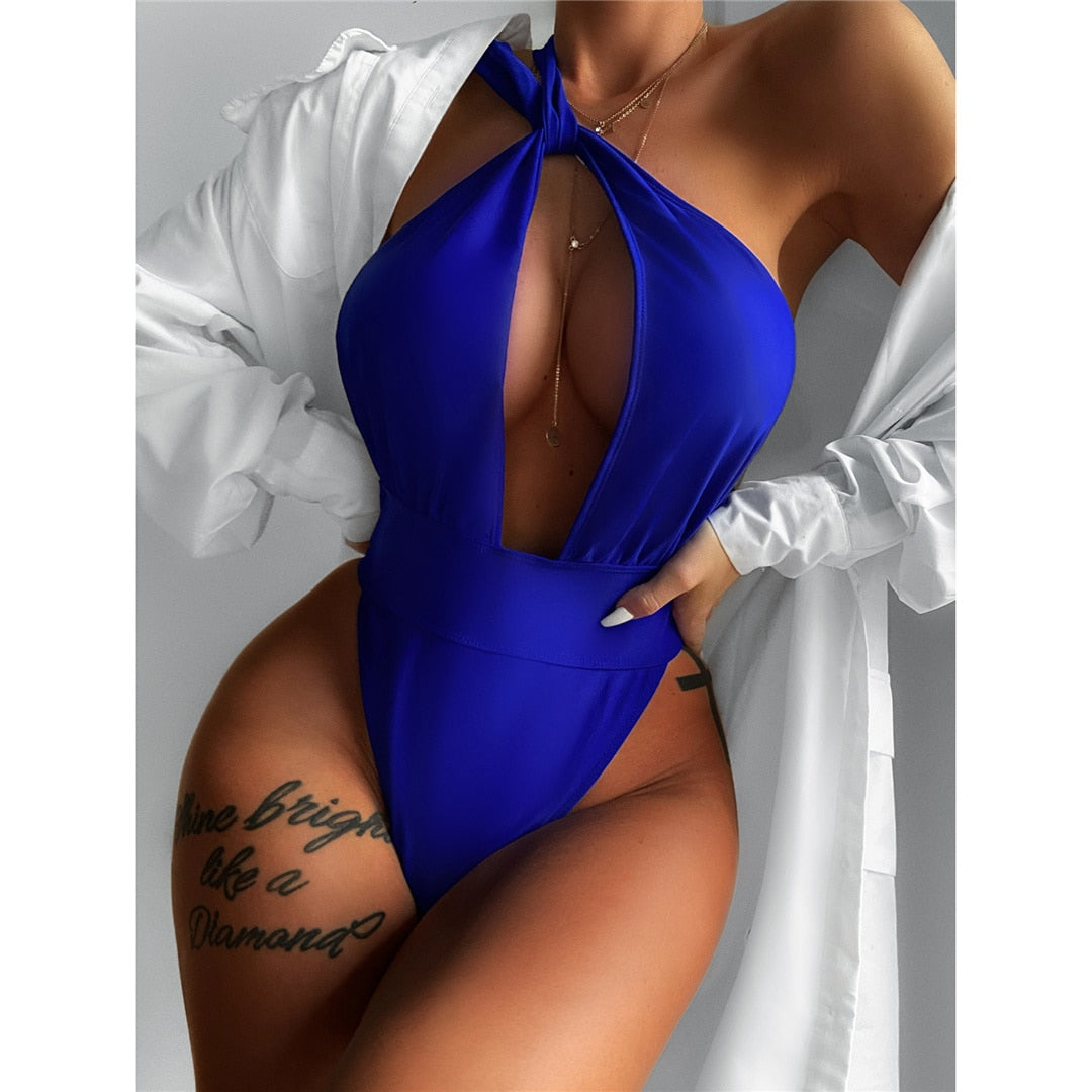 Blu reale Sexy asimmetrico senza schienale Monokini monospalla Costume da bagno da donna Costume da bagno femminile taglio alto costume da bagno